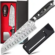 MOSFiATA 7" Santoku Knife with Finger Guard and Knife Sharpener, German High Carbon Stainless Steel EN.4116 Kitchen Cooking Knife with Micarta Handle and Gift Box (7")