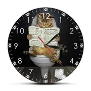 Kitten Cat on Toilet with Newspaper Bedroom Silent Wall Clock Funny Bathroom