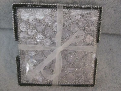 Silver Beaded Coasters Square Set Of 4 New with Matching Holder New No Tag/Box