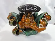 Vtg Mexican Ceramic Drunk Bandido Tequila Decanter Set Green Glazed Agave