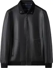 [Zylphorix] Men's Leather Jacket with Zip Up Closure and Quilted Lining - Features Stand Collar and Functional Pockets for Versatile Wear