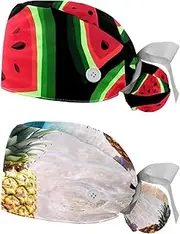 [YTYVAGT] 2-Pc,Nurse Scrub Caps,Scrub Hats with Buttons and Cotton Sweatband,Watermelon Black Background
