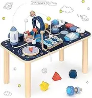 Pillowhale 10-in-1 Wooden Activity Table for 1 Year Old | Montessori Baby Standing Activity Center & Sensory Play Cube with Xylophone, Rocket Blocks, Bead Maze, Mirror, Shape Sorter – Space Theme