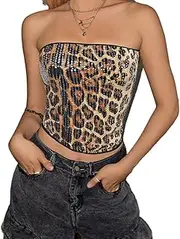[SportsWell] Women Cheetah Print Sequin Tube Top Bustier Corset Stretchy Sleeveless Shirt Y2k Crop Tops