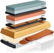 Knife Sharpening Stone Set - 2 Side Grit 400/1000 3000/8000 Kitchen Knife Sharpener Stone, Professional Whetstone Include Non-Slip Rubber Bases, Bamboo Base, Flattening Stone, Leather Strop