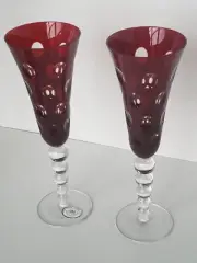 Ajka Hungary Red 9 7/8" Fluted Wine Champagne Glass Cut to Clear Dots Set 2