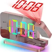 Projection Alarm Clock,7.4" LED Mirror Digital Clocks Large Display,with 180° Rotatable Projector,RGB Night Light,USB C Port,Auto Dimmer (Rose Gold)