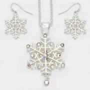 Pierced silver necklace and earring fluorescent stone Snowflake set