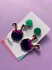 Witch Legs In Cauldron Halloween Dangle Earrings, Glitter, Surgical Steel Stud