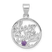 Sterling Silver Rhodium-plated Amethyst Happy Birthday Pendant