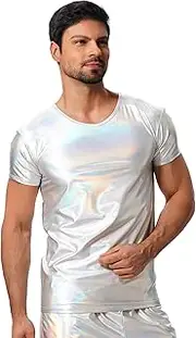 [ABAFIP] Men's Holographic Shiny Rave Top Disco 70s Party Music Festival Dance T-Shirts Tanks