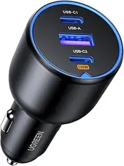 UGREEN 130W Laptop USB C Car Charger Fast Charging, 3 Ports Cigarette Lighter Adapter, PD3.0/QC4.0/PPS 45W, LED Light, Compatible with MacBook, iPad, iPhone 16 Pro Max, Galaxy S25 Ultra, Black