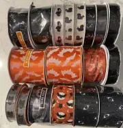 mixed lot 18 new rolls Halloween wired edge ribbon, 7-1.5", 2-2.5", 9- 5/8"