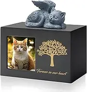 Pet Urn for Cat Ashes, Tree Pattern Wooden Keepsake with Photo Frame, Memory Box with Resin Animal Angel Statue and Sealed Storage Bags (75lbs)（Black）