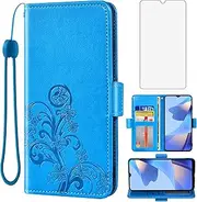 [Asuwish] Compatible with OPPO A16/A16S/A54s Wallet Case and Tempered Glass Screen Protector Flip Purse Accessories Wrist Strap Credit Card Holder Stand Cell Phone Cover for CPH2273 Women Men Blue