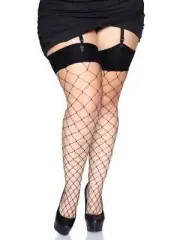 Plus Size Fence Net Thigh High Stockings With Wide Top