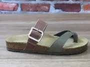 Women's NAOT Fresno Brown Leather/Olive Suede Toe Loop Slide Sandal *8250-VBI