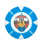 50 Light Blue $50 Rock & Roll Poker Chips - Buy 2, Get 1 Free - Mix & Match!