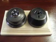 federation antique copper power point,outlet,switch socket on pine wood block