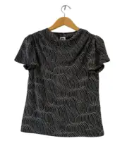 Anne Klein Metallic Glitter Sparkle Swirl Knit Top S Ruched Black Silver NWT