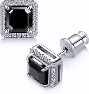 [Generic] Mens moissanite earrings stud - Jewelry for Women Men Black Square D Color S925 Sterling Silver 18K White Gold Plated, Medium, Stainless Steel, Cubic Zirconia