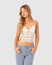 EDIKTED Womens Cara Sheer Lace Open Back Top CREAM