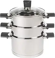 Russell Hobbs RH01170EU Excellence 3 Tier Steamer – 18 cm Cooking Pots with Tempered Glass Lid, Non-Stick Coating, Stainless Steel, Vegetable Steaming Pan, Induction Suitable, Soft Touch Handles