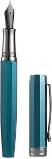 Hongdian N11 Fountain Pen, Titanium-Coated Black Fine Soft Nib, Peacock Blue & Octagonal Geometric Design with Metal Case Set