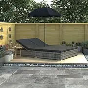Outdoor Lounge Bed with Umbrella Poly Rattan Grey Garden Beds