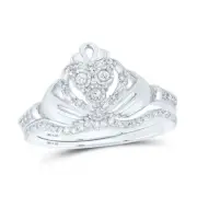 STERLING SILVER ROUND DIAMOND CLADDAGH BRIDAL WEDDING RING SET 1/5 CTTW