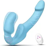 Vibrating Strapless Strap-on Dildo Vibrator, Remote Control Double Ended Clitoral Stimulator with 10 Vibrating Modes & 3 Motors, G Spot Clitoral Vibrator for Women and Lesbian (Blue)