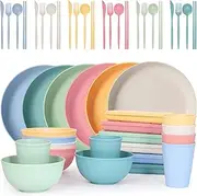 Wheat Straw Dinnerware Set, 48 pcs Kitchen Plates and Bowls Set, Kitchen Plastic Dinnerware Set for 6, Unbreakable Tableware Set Perfect for Home Party, Camping & Outdoor, Microwave & Dishwasher Safe