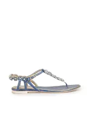 Blue Leather Denim Print Floral Accent Thong Sandals