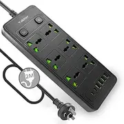 Yakiter 12 in 1 Universal Power Board, Extension 2M Cord with 6 Wide AC Outlets and 6 USB Ports, 110-240v, Max 4000w, Wall Mount International Plug Extender for Overseas Travel Work (2M-T22)