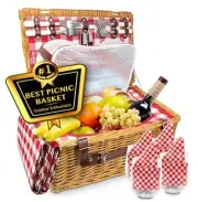 Picnic Basket, Wicker Basket with Handle for 4 Person + Blanket Red & White