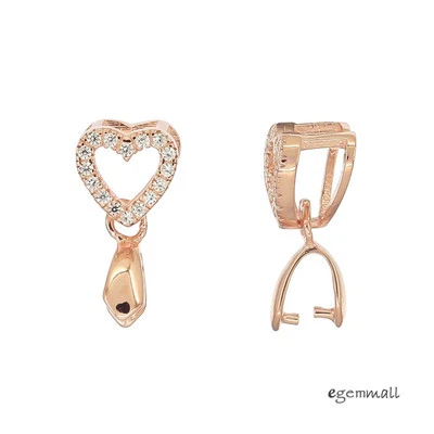1PC Rose Gold Plated Sterling Silver CZ Heart Pendant Pinch Bail Clasp #99236