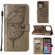 For iPhone 14 Pro Case, Embossed Floral Butterfly, PU Leather Wallet Cover, Lanyard, Stand, Grey