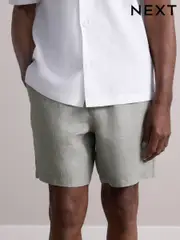Sage Green Signature 100% Linen Drawstring Waist Shorts (AL9043) | $62