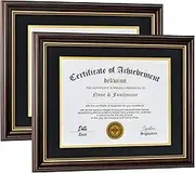 DEKWINN Diploma Frames 8.5x11 with Mat or 11x14 without Mat,Set of 2 Reddish Brown/Gold Trim Certificate Document Picture Frame,Real Glass(Black/Gold Double Mat)