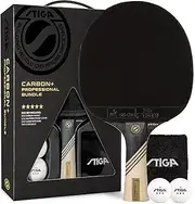 STIGA Carbon+ Bundle Ping Pong Paddle Set – 7-ply Extra Light Carbon Fiber Blade – 2mm Premium Sponge – Concave Pro Handle – 2 3-Star Tournament Balls – Neoprene Racket Cover – Player Wristband