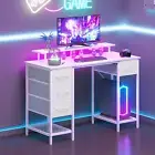 White Computer Desk with 4 Drawers, Gaming Desk with LED Lights & Power Outlets,