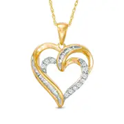 0.25 CT. T.W. Baguette and Round Natural Diamond Double Heart Pendant in 10K Yellow Gold