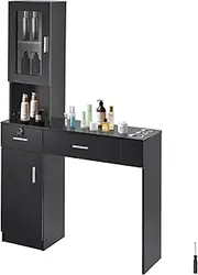 VEVOR Salon Station, Wall Mount Barber Salon Station for Hair Stylist, Beauty Spa Furniture Set, 1 Storage Cabinet, 3 Cubbies and 2 Drawers(One Lockable), Black