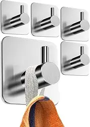 [5 Pack] Stainless Steel Wall Hook,Towel Hooks,Robe Hooks,3M Adhesive Hooks,Waterproof Stainless Steel Hooks,for Hanging Coat, Hat,Towel Robe Hook Rack Wall Mount- Bathroom and Bedroom