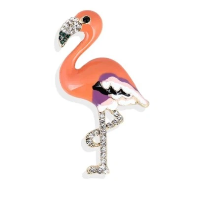 Enamel Flamingo Brooch with Clear Crystals Gold Tone