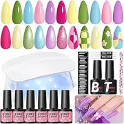 Gel Nail Polish Kit with U V Nail Lamp 6 Colors Gel Polish Kit Pink Red Green Blue Glitter Soak Off Base Top Coat 50Pcs Nail Tips Nail Glue File Nail Kit Gifts for Women DIY Salon