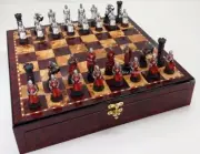 Medieval Times Crusades Red & White Maltese Chess Set Cherry COLOR Storage Board