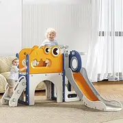 Aerlife 8 in1 Kids Slide Set with Dinosaur Bus-Themed, Toddler Slide Playset Includes Toy Telescope, Tunnel, Storage, Basketball Hoop & Ball, Extra Long Slides for Kids Indoor Outdoor Playground, Blue
