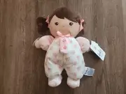 Baby Starters Baby Doll Brown Hair Flowers Pigtails & Rattle NWT Plush Soft NEW