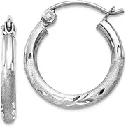 [JewelryWeb] 10k White Gold Satin and Sparkle Cut 2mm Round Hoop Earrings 15mm Long 2mm Thick-Hoop Earring for Women